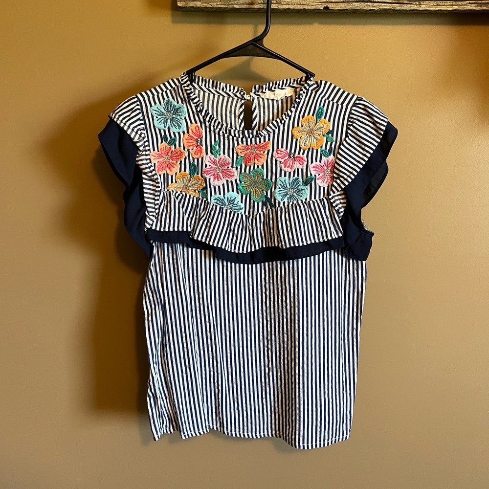 Striped Floral Embroidered Women's Top